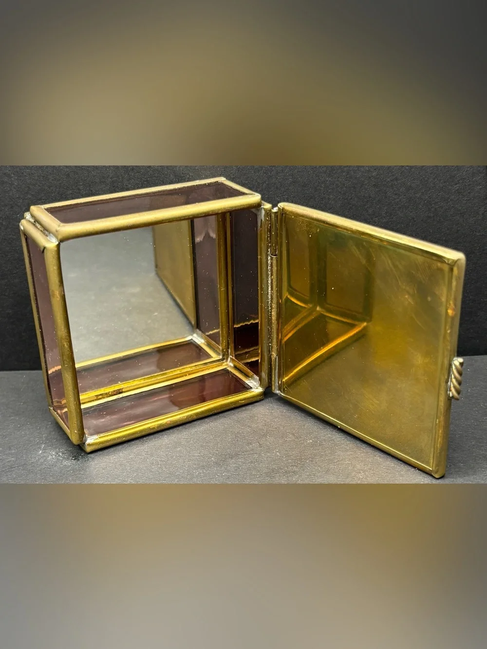 Vintage Via Vermont Cherub Brass Stained Art Glass Trinket Box Holographic